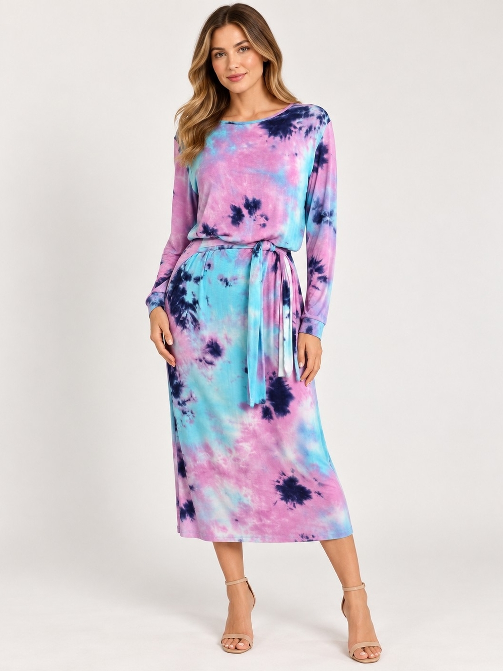 Fraiche by J Tie Dye Midi Dress Large Pink Blue Long Sleeve Belted Stretch